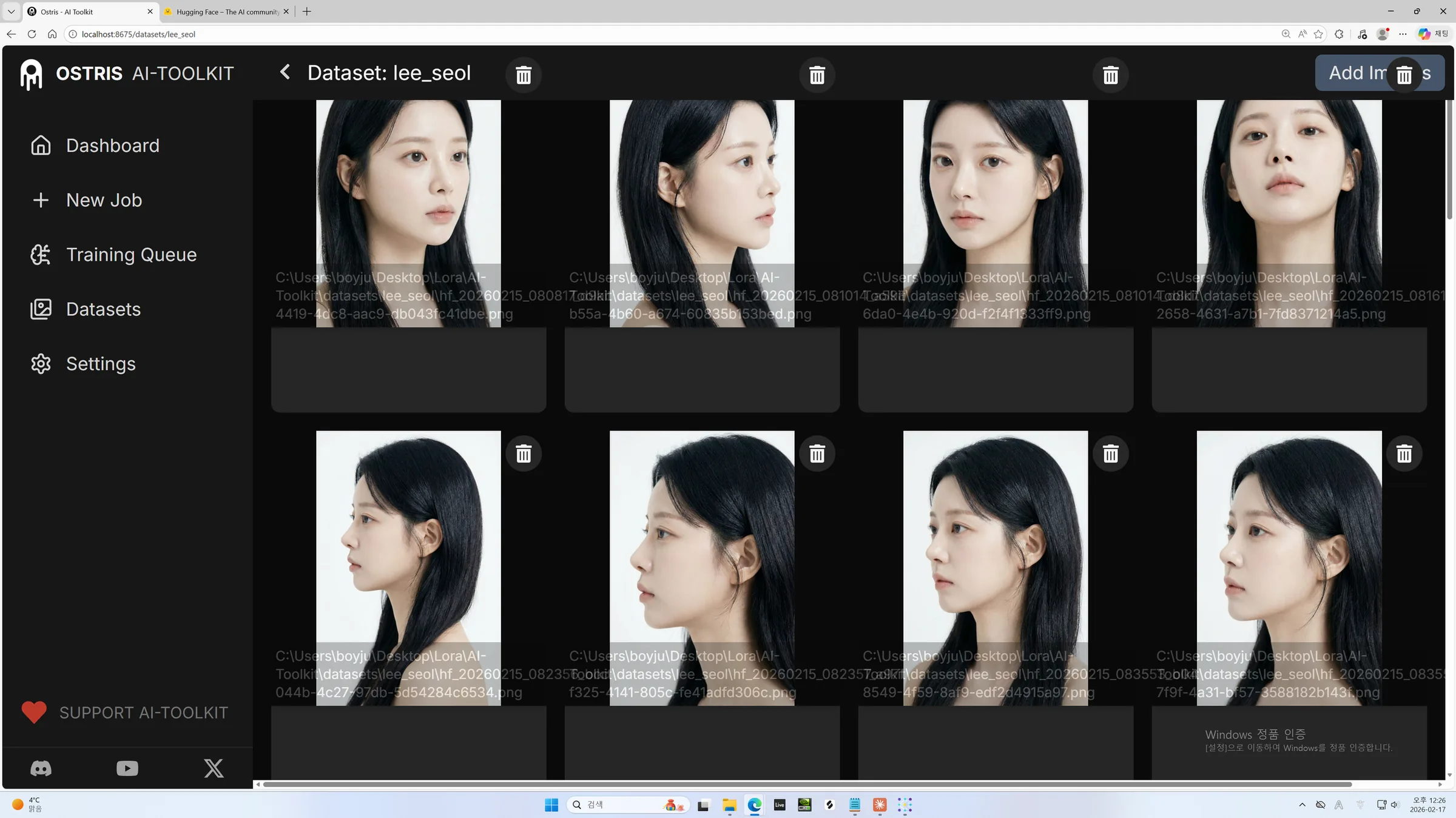 AI-Toolkit dataset view — multi-view subject portraits prepared for LoRA fine-tuning