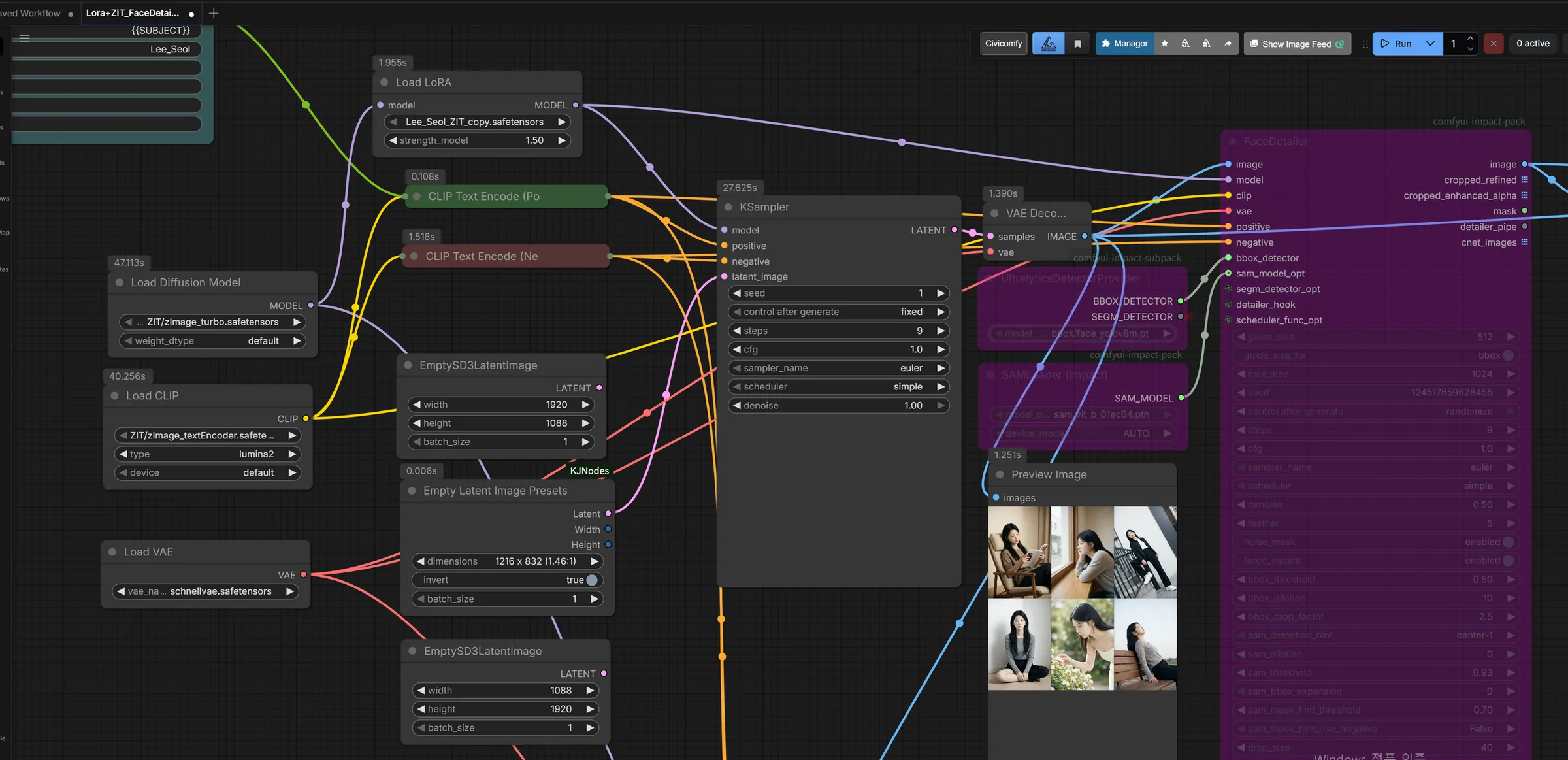 ComfyUI inference workflow — LoRA load, dual CLIP encode, KSampler, FaceDetailer (Impact Pack)