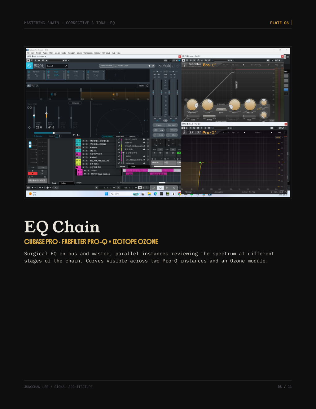 Production Workflow Snapshots — sample plate (EQ chain · FabFilter Pro-Q + iZotope Ozone)